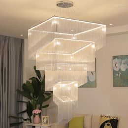 Chandeliers Led Aluminium Chain Square Chandelier Gold/Silver Hanging Lamp For High Ceiling Living Room Lobby Staircase Large