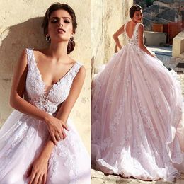 Blush Pink Wedding Dresses Straps Tulle Lace Applique Sweep Train Plus Size Wedding Bridal Ball Gown Vestido de novia