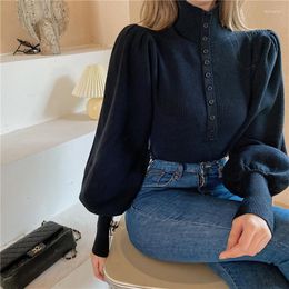 Women's Sweaters Lucyever Autumn Slim Fit Knitted Turtleneck Sweater Women 2023 Button Lantern Long Sleeve Pullover Woman Solid Colour