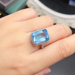 Light Blue Topaz Silver Ring for Woman 10mmx14mm 8ct VVS Grade Natural Topaz Ring for Party 18K Gold Plating Gemstone Jewellery