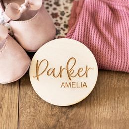 Party Supplies Personalized Wooden Baby Girl Boy Name Born Tags Shower Gift Engraved Logo Custom Round Card Keepsake