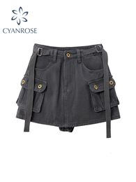 Skirts Grey Mini Skirts Womens High Waist Cargo Skirt Fashion Autumn Winter Woman Skirt Streetwear Short Skirts Pockets For Women 231121