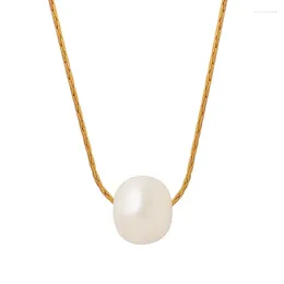 Pendant Necklaces Minar Classic Natural Freshwater Pearl For Women 18K Gold Plated Stainless Steel Herringbone Chain Necklace