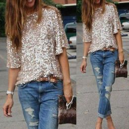 Women's T-Shirt Women Ladies Sequin Short Sleeve Fashion Casual Sparkly Tops Glitter Evening Party Shirt 230421