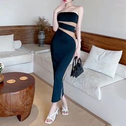 Casual Dresses Sexy Mesh Stitching Split Strapless Dress Women Sleeveless Summer Party Long For Robe Bodycon Clothing 27918