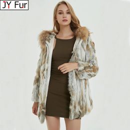 Womens Down Parkas Real Genuine Natural Rabbit Fur Coat With Raccoon Hood Lady Fashion Jacket Outwear Custom Any Size 231120