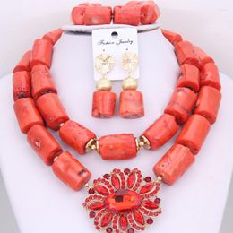 Necklace Earrings Set Dudo 14-23 Mm Sea Bamboo Nature Coral Beads Bridal Nigerian Jewellery Orange / White Color 2023