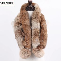 Scarves Russian Women Genuine Fur Long Scarf Winter Ladies Warm Real Rabbit Fur Muffler Knit Fluffy Pompoms Natural Fur Scarves 231121
