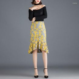 Skirts Summer 2023 Fashion Women Lady Office Wear Knee Length Trumpet Female Printing Elegant Korean High Waist E26