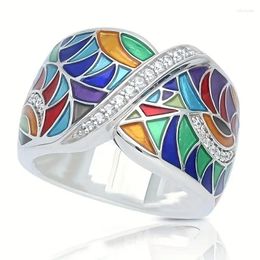 Cluster Rings Dazzling For Women Silver Colour Colourful Painting Metal Inlaid White Stones Ring Wedding Jewellery