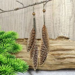 Dangle Earrings 1Pair Brown Feather Bohemian Vintage Wooden Beads Chain Tassel Long Drop For Women Wedding Party Gifts