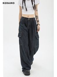 Women's Jeans Spring Women Harajuku Cargo Baggy Blue Jeans Streetwear Hip Hop Oversize Casual Wide Leg Vintage Demin Pants Y2k Loose Trousers 230421