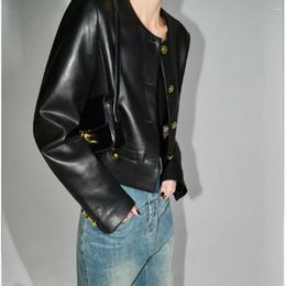 Women's Jackets Gold Button Pu Leather Coat Retro Black Women