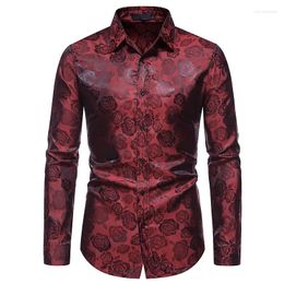 Men's Casual Shirts Wine Red Rose Floral Print Shirt Men 20234 Brand Slim Fit Long Sleeve Mens Dress Work Business Social Male
