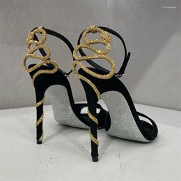 Sandals Serpentine Twine Black Stiletto Heels Summer Ins Sexy Open Toe Rhinestone Pumps Women Party Prom Shoe Runway Style