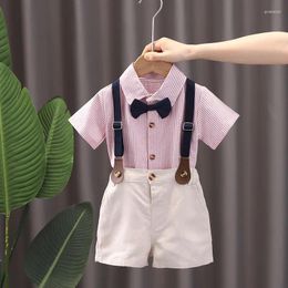 Clothing Sets Boys Clothes Set 2023 Summer Gentleman Suit For Kids Costume Short Sleeve Stripe T-shirt Strap Shorts 1 2 3 4 5 Years Old