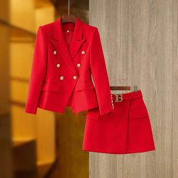 Frauen Anzüge Blazer Spring Ins B Buckle Chic Luxus elegante Sets Blazer -Anzug mit Rock zweiteilige Ladies Jacke Büro tragen Profi 231120