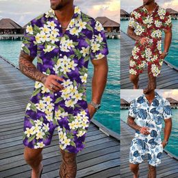 Men's Tracksuits Men's Spring/summer Leisure Sports Hawaii Beach Style Stitching Stripe Print Short Sleeved Shirt Pants Two Fit Suits