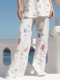 Women's Pants 2023 Women Summer Straight Vintage Floral Embroidery Elastic Waist Drawstring Bow Female Elegant Pant Trousers