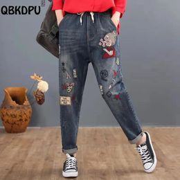 Women's Jeans Vintage Embroidery Women's Jeans Cartoon y2k Baggy Harem Vaqueros Elastic High Waist Oversized Ankle-Length Jogger Denim Pants 231121