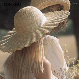 Wide Brim Hats TOMKHU Shell Fold Bandage Big Wheat Straw Hat Outdoor Tourism Beach Vacation Sun Visor