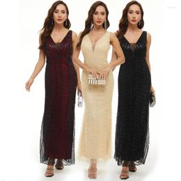 Casual Dresses 2023 Spring Summer Women Fashion Sequin Long Party Dress Transparent Mesh Maxi Sexy Backless V Neck Evening Vestidos