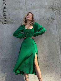 Sexy Solid High Waist Split Midi Dress Women Slash Neck Long Sleeve Lace Up Backless Dresses Fashion Female Street Vestidos