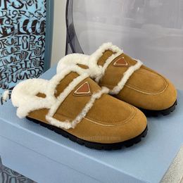 Designer women suede lamb fur flat bottom shoe monolith triangle logo sluxury slippers warm leather closed toes shoes
