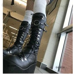 Boots GIGIFOX New Rock Shoes Platform Summer Mid Calf Boots For Women Buckle Strap Goth Gothic Boots Girls Lolita Wedge Round Toe Punk T231121