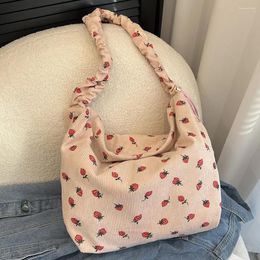 Evening Bags Women Strawberry Pattern Tote Bag With Ruched Strap Cartoon Shopping Handbag Corduroy Large Capacity Female Travel Casual