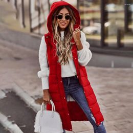 Women's Vests Winter Drawstring Buttons Zipper Placket Vest Overcoat Long Type Hooded Warm Cotton Puffer Waistcoat Coldproof Thickened