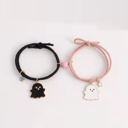 Chain 2Pcs Romantic Couple Heart Magnetic Attracting Bracelets for Girl Cute Cartoon Ghost Pendant Bracelet Friendship Halloween Gift