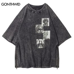 Men s T Shirts Vintage T Shirt Streetwear Men Statues Print Distressed Zipper Tshirt Hip Hop Harajuku Casual Cotton Punk Gothic Tees Shirts Top 230421