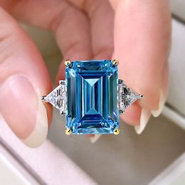 Emerald Cut Aquamarine Ring 100% Real 925 sterling silver Party Wedding band Rings for Women Men Engagement Promise Jewelry