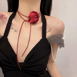 Choker Vintage Rose Flower Necklace Women Long Knotted Rope Chain Necklaces Clavicular Fashion Clothes Decor Jewelry