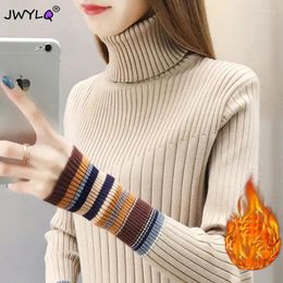 Women's Sweaters Thicken Velvet Lined Sweater Women 2023 Winter Turtleneck Patchwork Stripes Knitted Top Korean Fashion Warm Lace Splicing