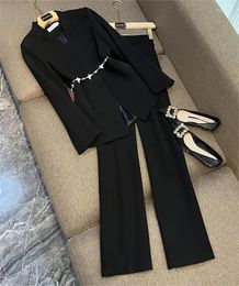 Женские брюки из двух предметов, весенний дизайн, женский офисный черный костюм, блейзер с длинными рукавами и v-образным вырезом, расклешенный женский однотонный 2 шт.