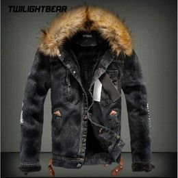 Men's Fur Faux Fur Winter Men's Denim Jakcet Fleece Vintage Clothes Oversized Fur Collar Thicken Casual Jacket Coat Men Clothing Jackets 6XL A2F41 231120