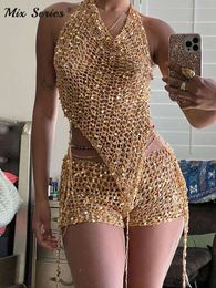 Sequins Sexy Hollow Piece Set Women Hooded Backless Bandage Tank Top Shorts Suit Hipster Summer Vacation Club Outfit Vestido