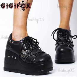 Dress Shoes GIGIFOX gothic platform wedges black women vulcainzed shoes casual leisure cosplay punk heeled lace up sneakers high heels shoes T231121