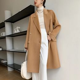 Women's Wool Blends Korean Women Outerwear Handmade Hepburn Coat Doublesided Doublebreasted Cashmere Long Woollen Jacket Grey Ou 231120
