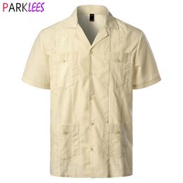 Men's Casual Shirts Traditional Cuban Camp Collar Guayabera Short Sleeve Embroidered Mexican Caribbean Style Beach with 4 Pocket 230421