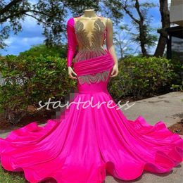 Luxury Fuchsia Diamond Prom Dress For Black Girls O Neck Long Sleeve Mermaid Evening Gowns Crystal Promdress Sexy Open Back Party Dress For Special Occasions 2024