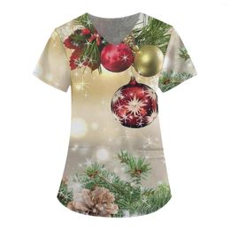 Women's T Shirts Christmas V-neck T-shirt Pocket Scrubs Tops Nursing Uniforms Women Clothing 3d Print Pattern Camisetas