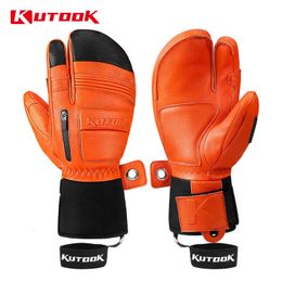 Ski Gloves KUTOOK Outdoor Skiing Gloves Goatskin Leather Mittens Waterproof thicken Snowboard Gloves Thermal Warm Ski Gloves for Men Women 231120