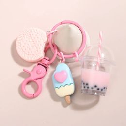 Key Rings Cute Keychains Ice-cream Bubble Tea Biscuit Pink Key Rings Friendship For Friend Women Girl Handbag Gift Jewellery 231120