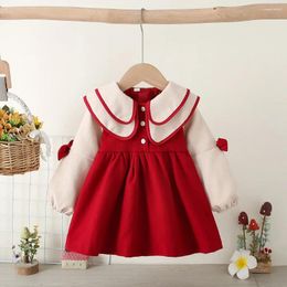 Girl Dresses Spring And Autumn Polo Collar Splice Japanese Simple Girls' Long Dress Button Style Warm Casual Cute Children's