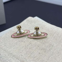 High Western Pink Enamel Saturn Earrings Sparkling Diamond Planet Earrings