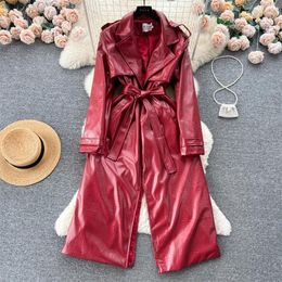 Women's Leather 2023 Autumn Vintage Mid-length Faux PU Windbreaker With Belt Red Green Black Casual Lapel Long Sleeve Trench Coat Female