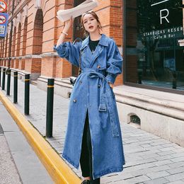 Women's Trench Coats Brand Pop European Style Long Denim Women DoubleBreaste with Belt Spring Autumn Outerwear Blue Duster for Lady 230421